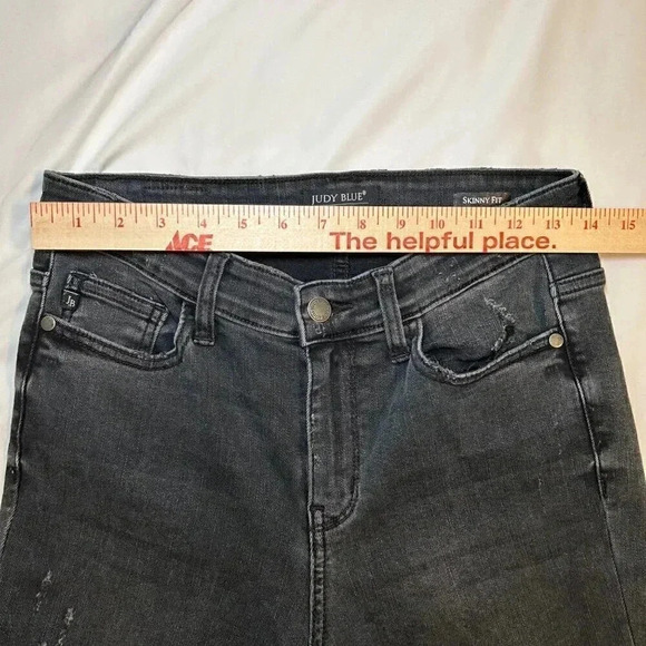 Judy Blue Skinny Fit 5|27 Black Denim Distressed Jeans with Plaid Patch - Picture 11 of 16